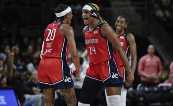 Aaliyah Edwards and Brittney Sykes of the Mystics.